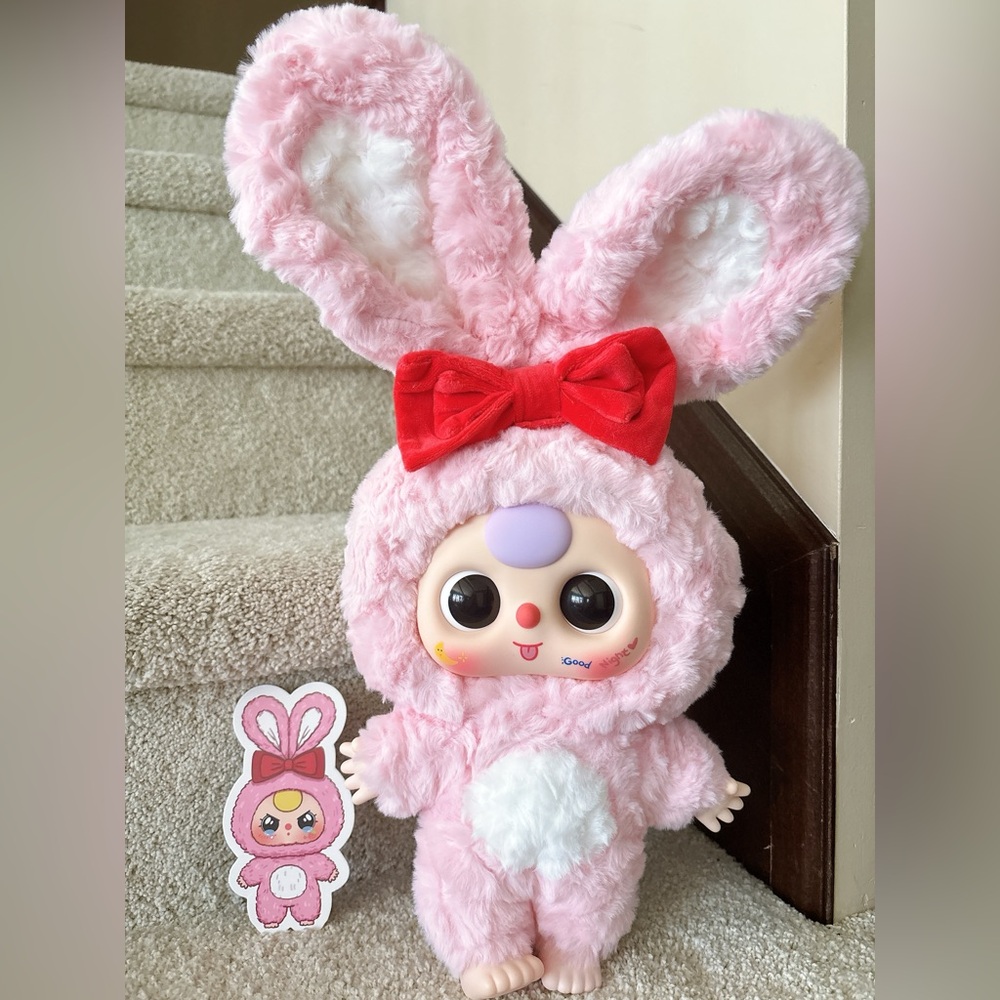 Cute Pink Bunny Plush Toy with Red Bow | Baby Three 400% | Kawaii Gift
